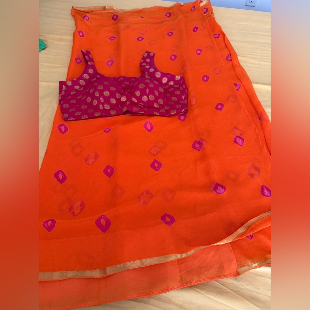 Vibrant Orange and Pink georgette chiffon Saree with padded Blouse